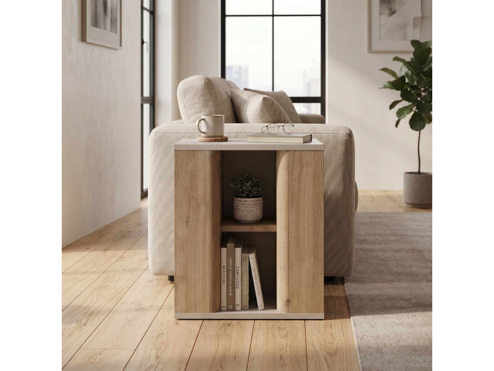 "VENTRO" Wooden Side Table - 45 x 25 x 51 cm - Natural / Stoneware