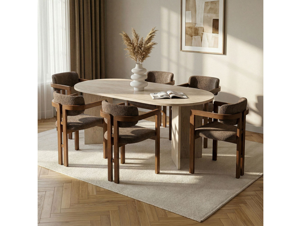 "Meridia 6" Wooden Dining Table and Chair Set (7-Piece) - 180 x 90 x 75 cm - Brown