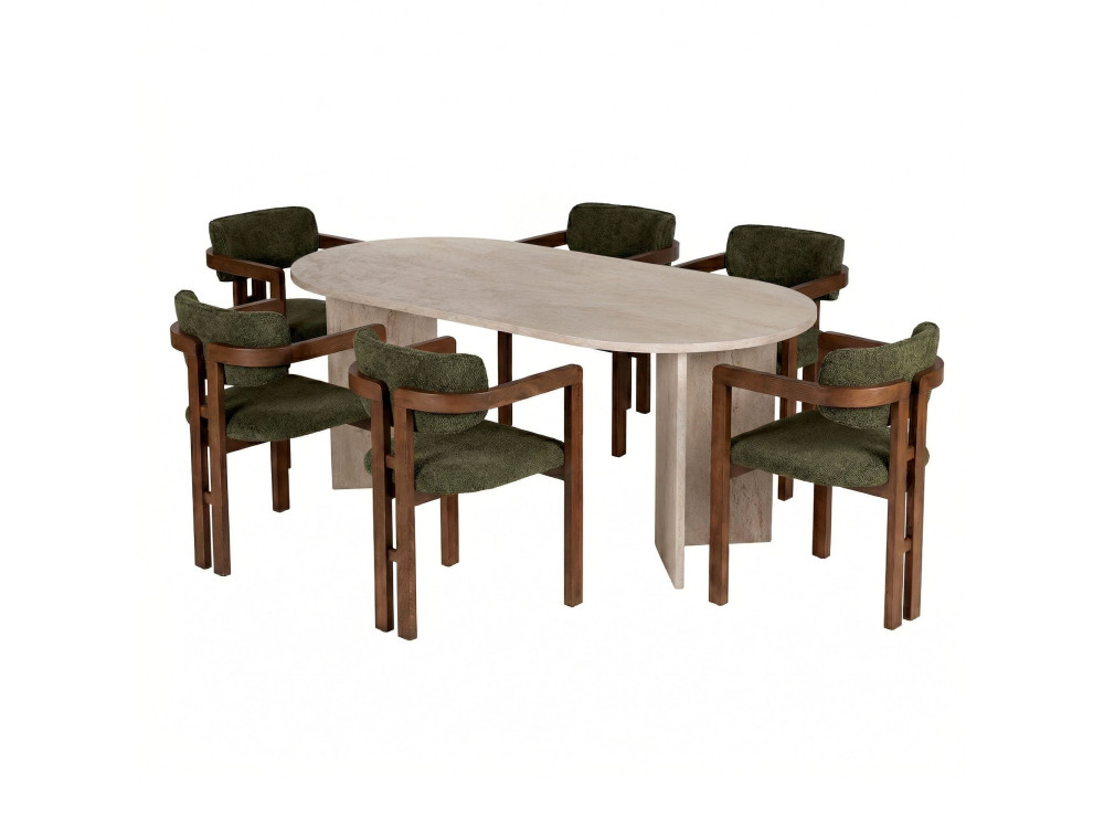 "Meridia 6" Wooden Dining Table and Chair Set (7 Pieces) - 180 x 75 x 90 cm - Green