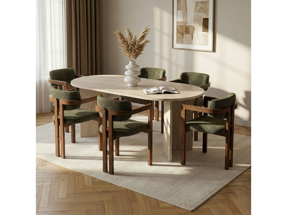 "Meridia 6" Wooden Dining Table and Chair Set (7 Pieces) - 180 x 75 x 90 cm - Green