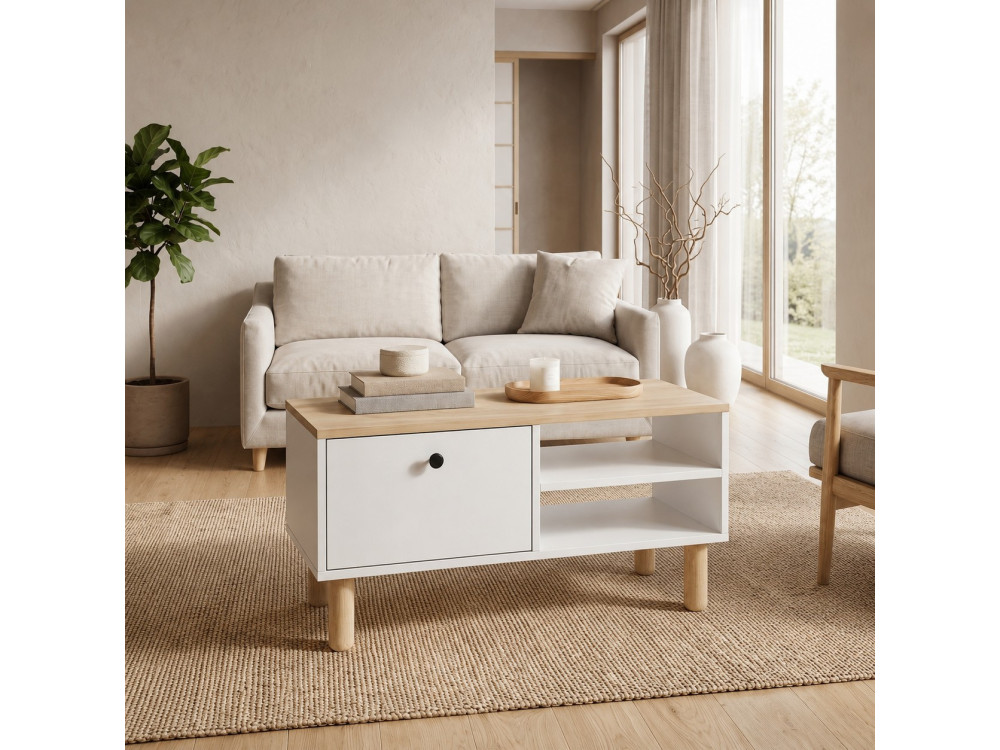 "Aris" Wooden Coffee Table - 90 x 38.8 x 60 cm - Sapphire Oak / White