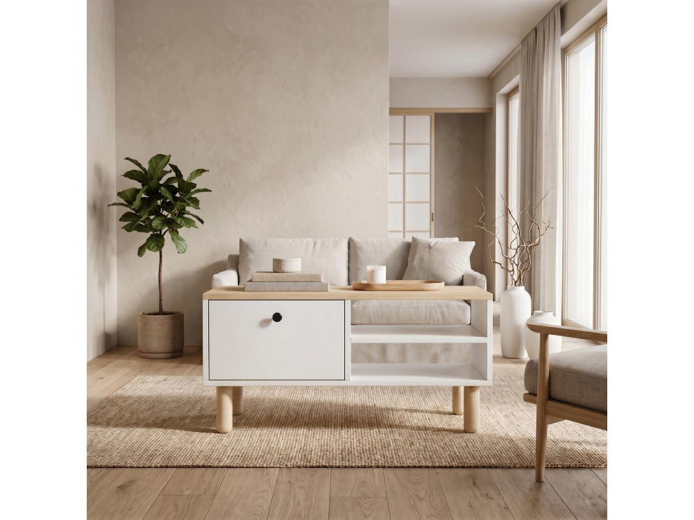 "Aris" Wooden Coffee Table - 90 x 38.8 x 60 cm - Sapphire Oak / White