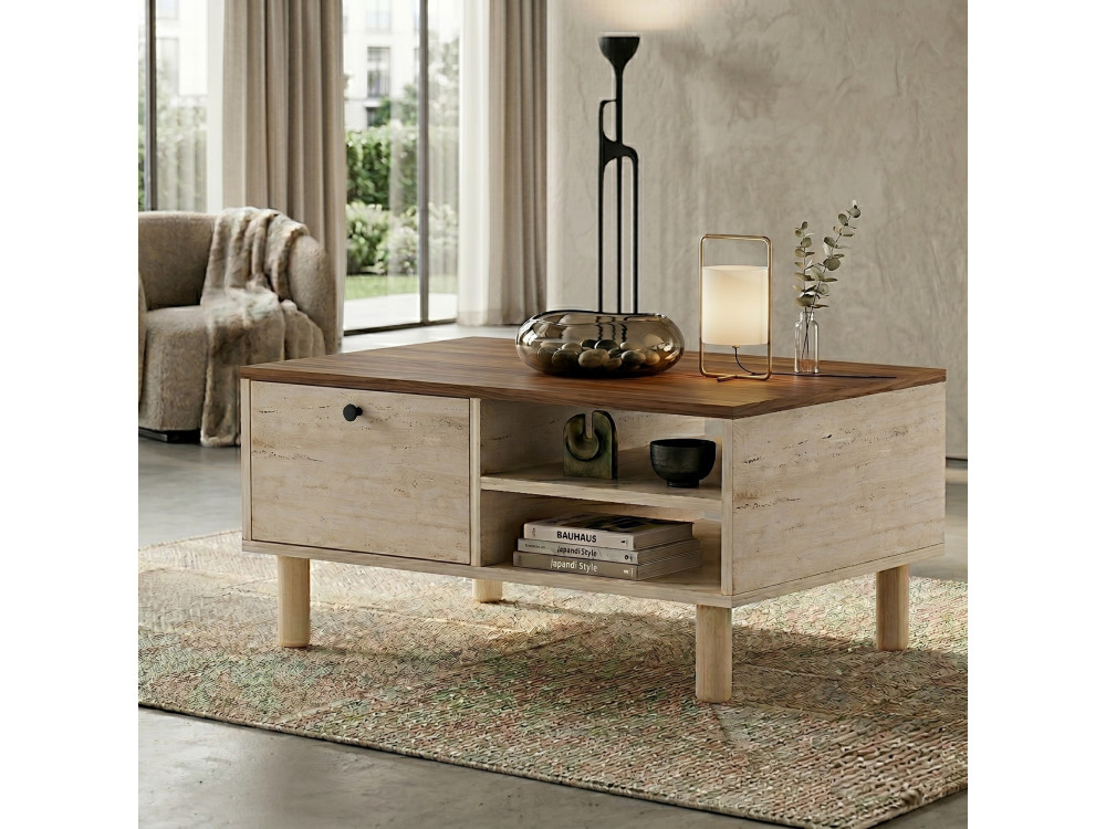 "Aris" Wooden Coffee Table - 90 x 38.8 x 60 cm - Travertine / Venezia Walnut