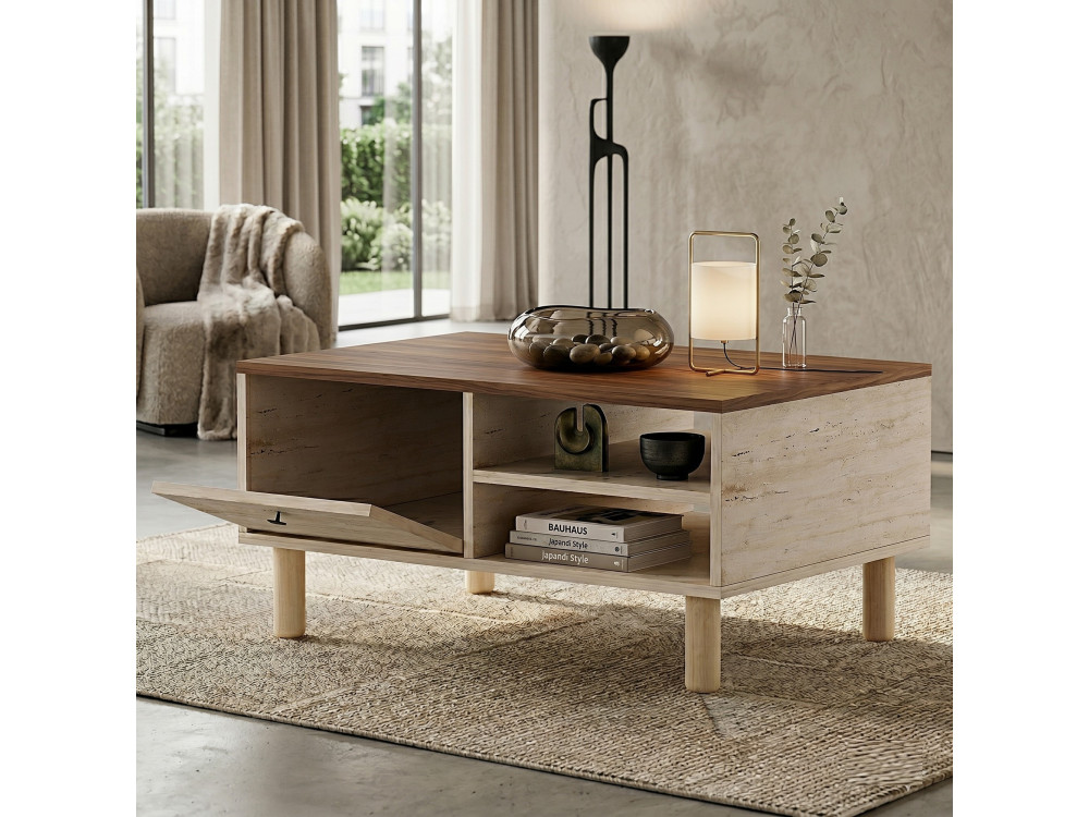 "Aris" Wooden Coffee Table - 90 x 38.8 x 60 cm - Travertine / Venezia Walnut