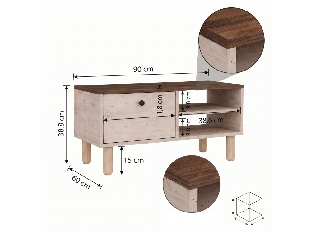 "Aris" Wooden Coffee Table - 90 x 38.8 x 60 cm - Travertine / Venezia Walnut