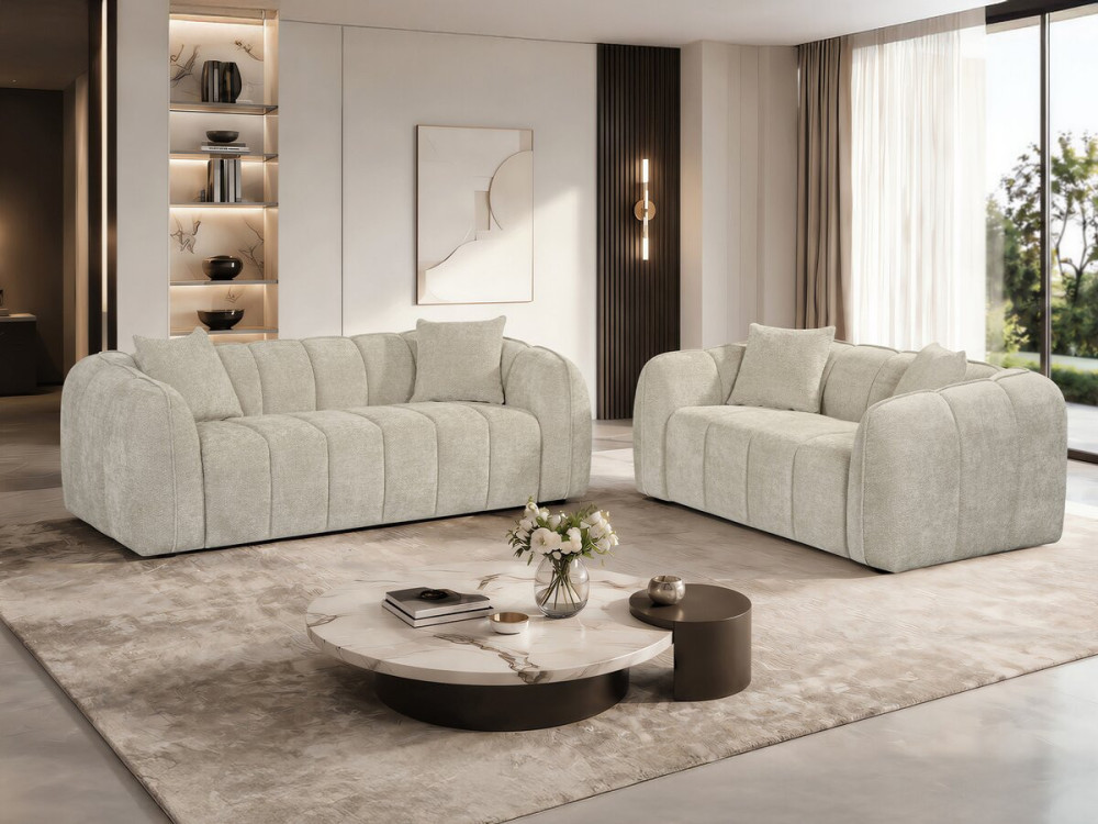 "Wagram" Fabric Bubble-Style Straight Sofa - 2-Seater - Beige