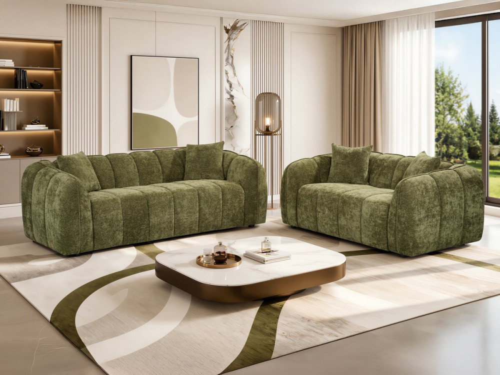 "Wagram" Fabric Bubble-Style Straight Sofa - 3-Seater - Green