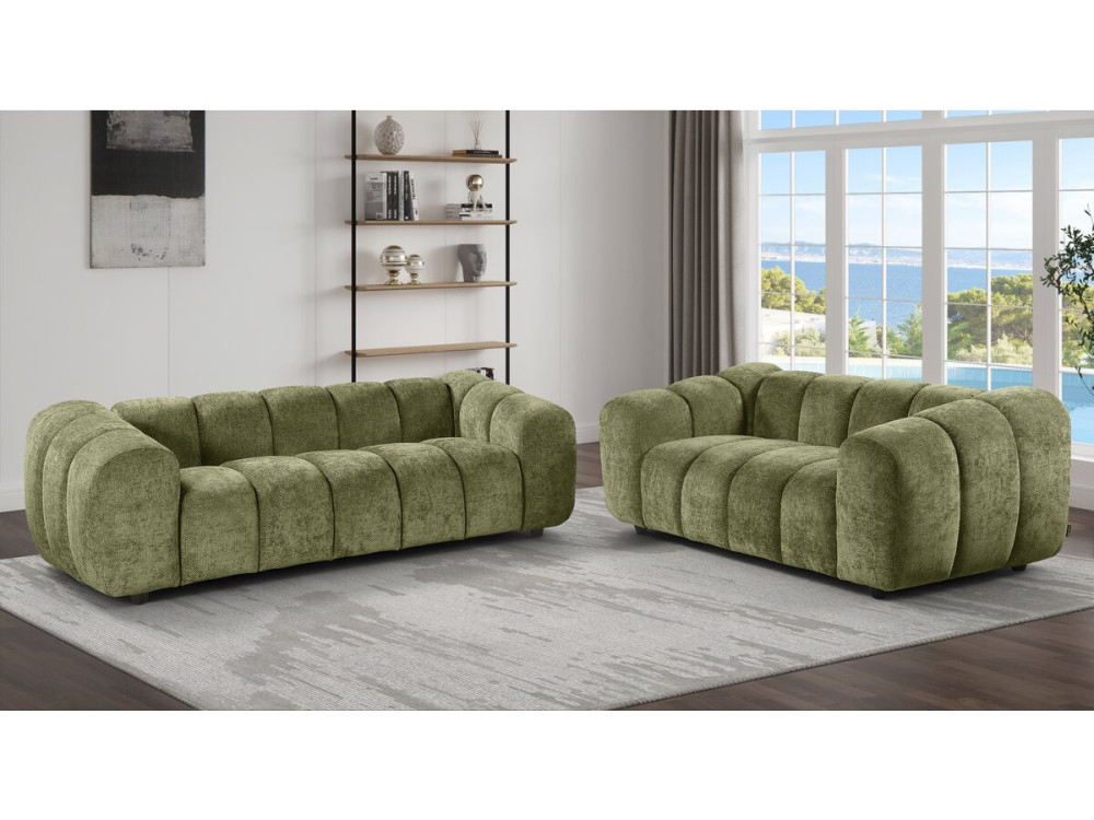 "Courcelles" Fabric Bubble-Style Straight Sofa - 3-Seater - Green