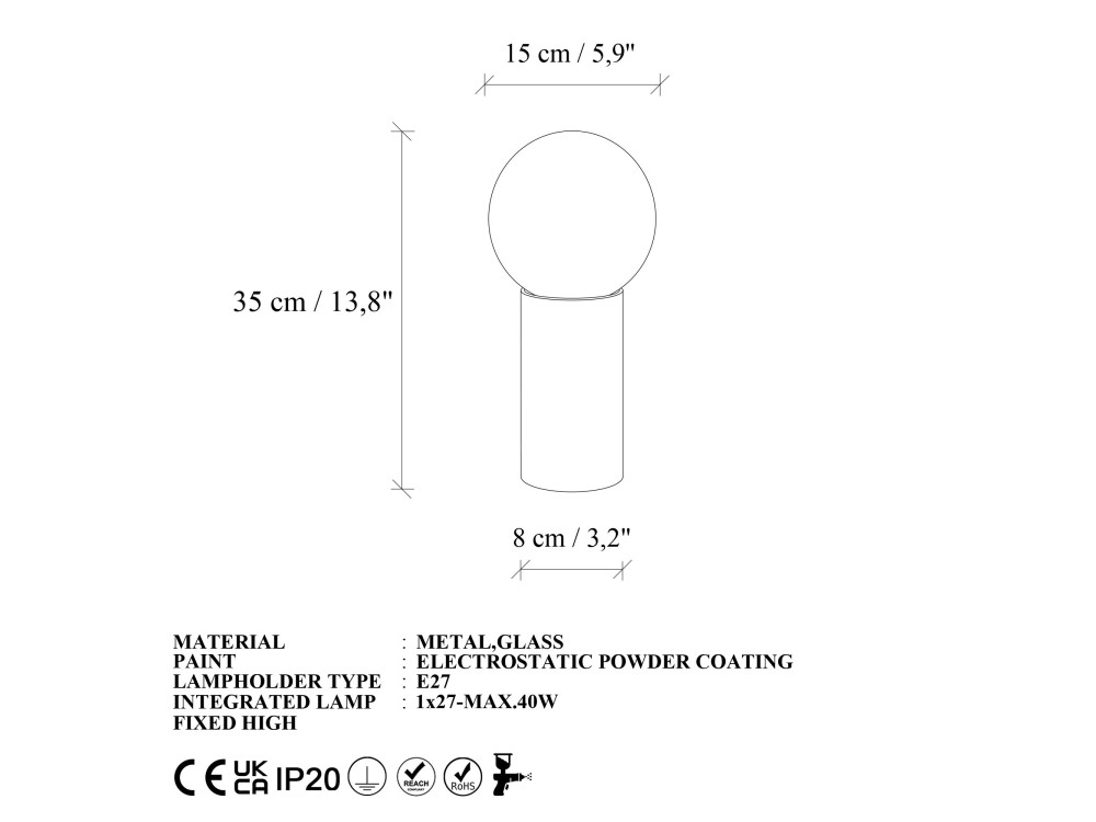"Polo" Metal Table Lamp - 15 x 15 x 35 cm - Black