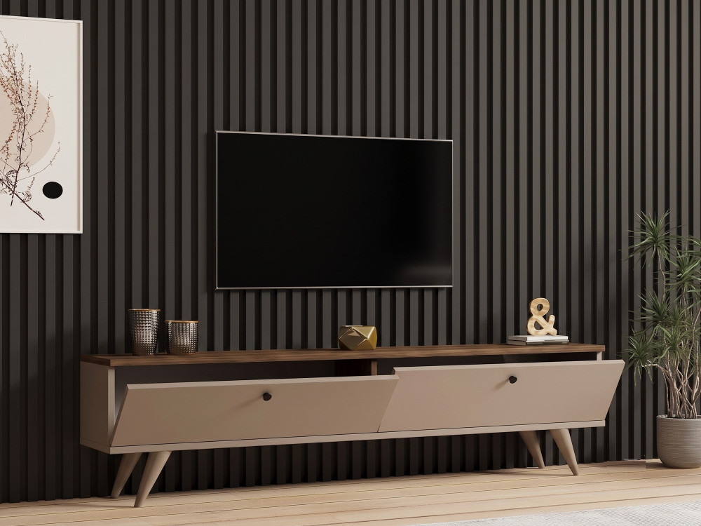 "Paris" Wooden TV Stand - 160 x 25 x 40 cm - Walnut / Cashmere
