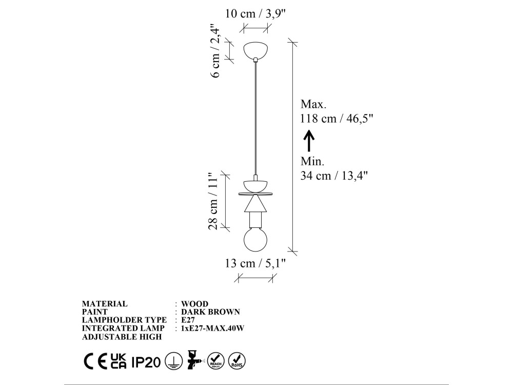 "Rotas" Wooden Pendant Lamp - 13 x 13 x 118 cm - Brown