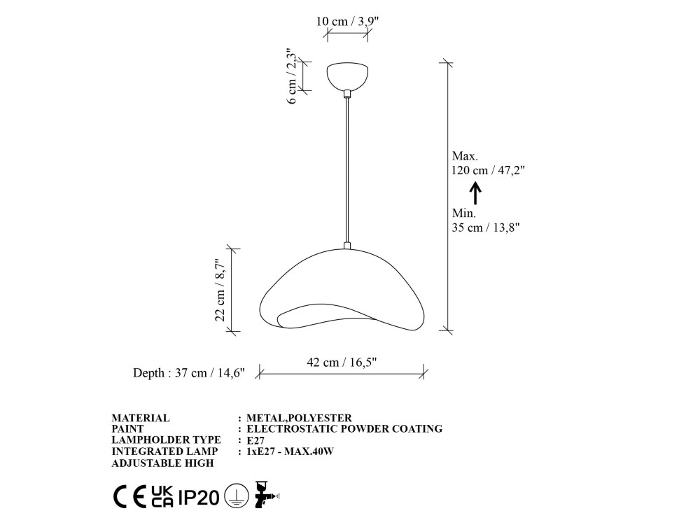"Luna" Metal Pendant Light - 42 x 37 x 120 cm - White