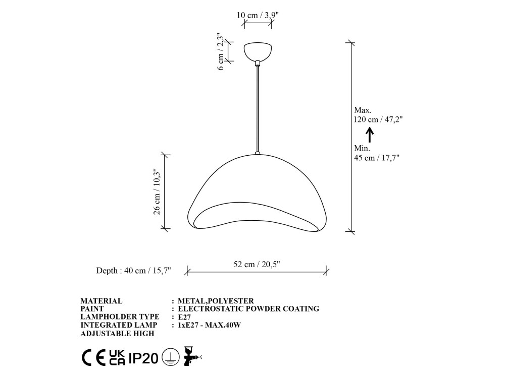 "Luna" Metal Pendant Light - 52 x 40 x 120 cm - White