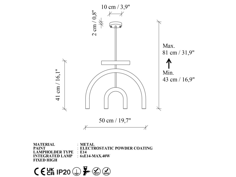 "Vento" Metal Chandelier - 50 x 10 cm - Brown