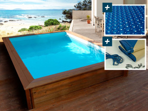 "Toledo" Rectangular Wooden Pool - 3.00 x 2.00 x 0.71 m - Bubble Cover 180 µ - Winter Cover 280 g/m²