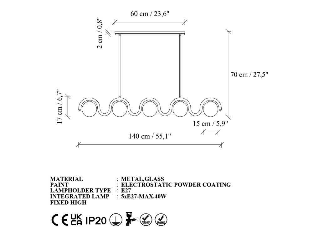 "GEDIK-20444" Metal Chandelier - 140 x 17 cm - Black