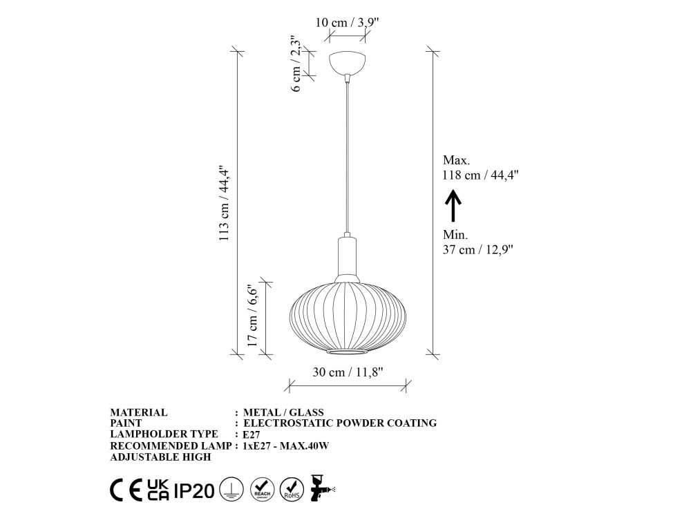 "Asker" Metal Pendant Light - 30 x 30 cm - Gold
