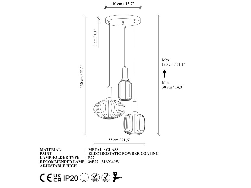 "Asker" Metal Chandelier - 55 x 55 cm - Black