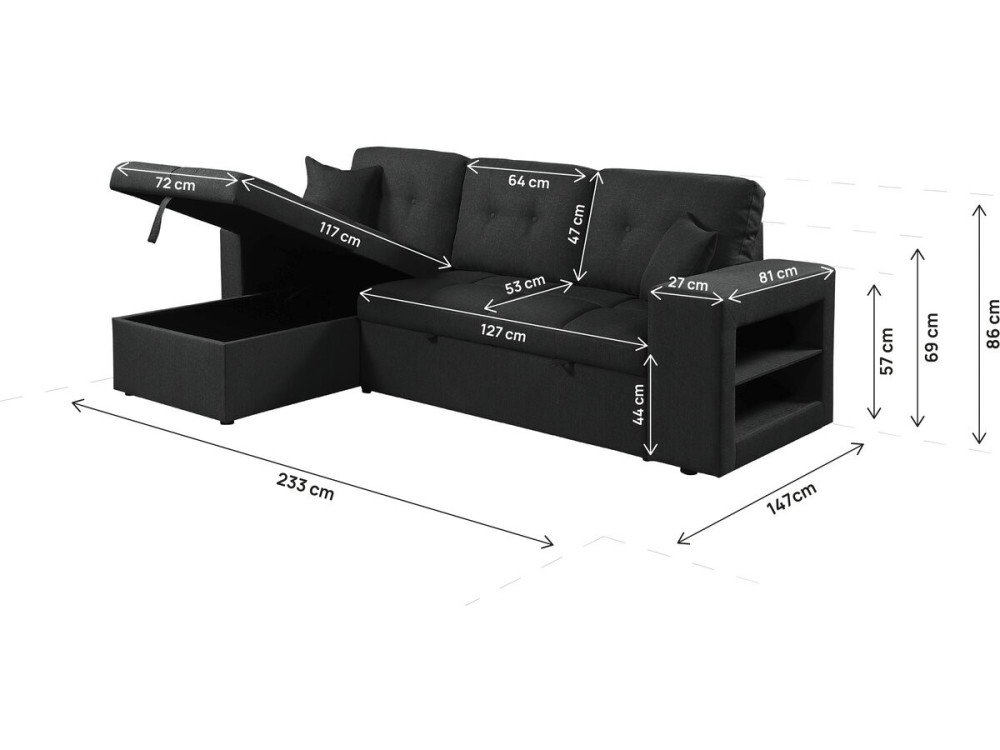 Axel" bubble fabric corner convertible/reversible sofa - 3 seater - Black