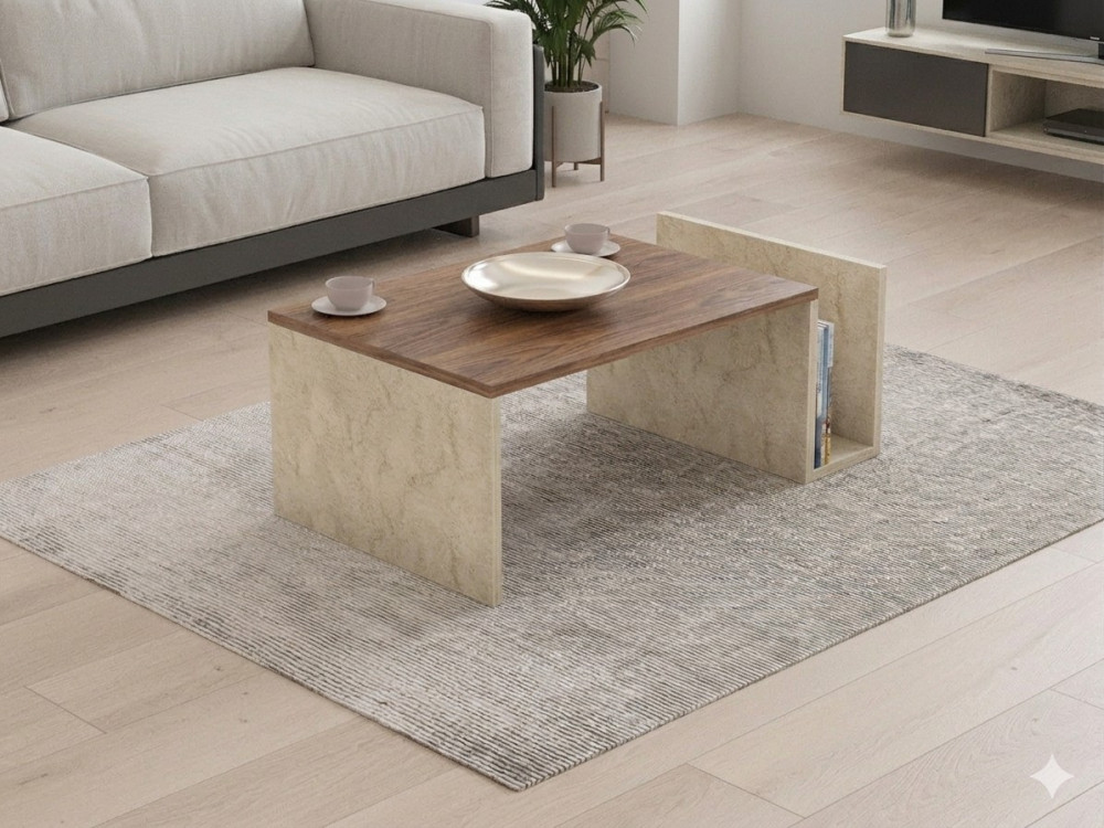 "Memo" Wooden Coffee Table - 86.8 x 32.4 x 50 cm - Travertine / Venezia Walnut