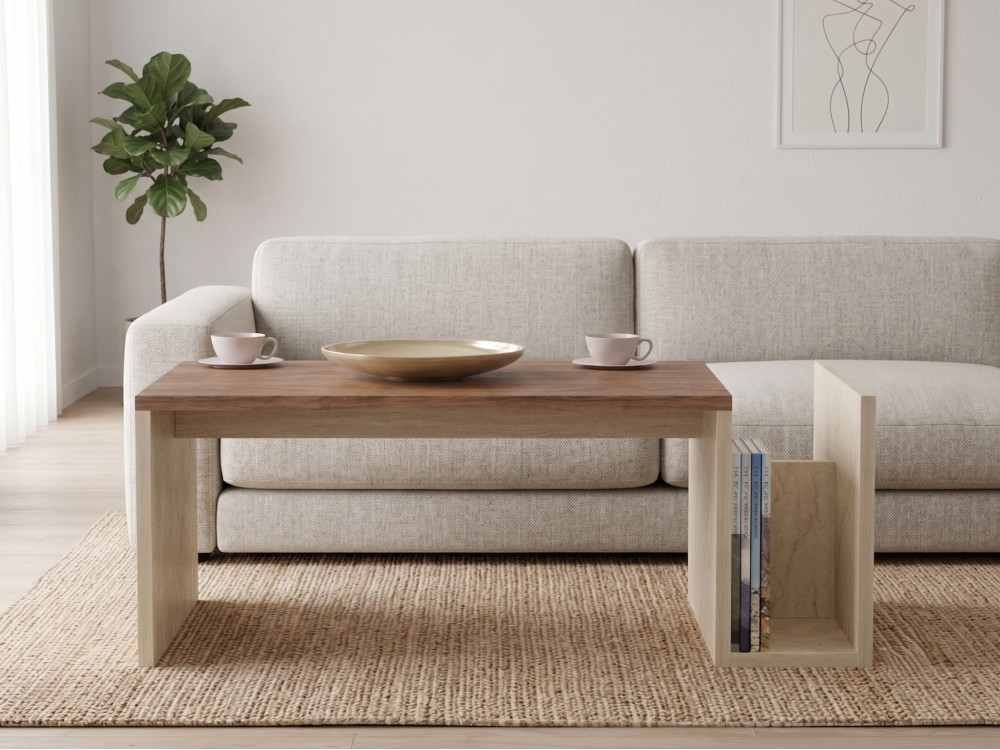 "Memo" Wooden Coffee Table - 86.8 x 32.4 x 50 cm - Travertine / Venezia Walnut
