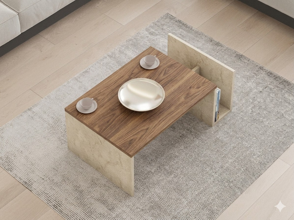 "Memo" Wooden Coffee Table - 86.8 x 32.4 x 50 cm - Travertine / Venezia Walnut