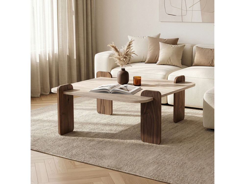 "Marais" Wooden Coffee Table - 117 x 35 x 117 cm - Travertine / Venezia Walnut