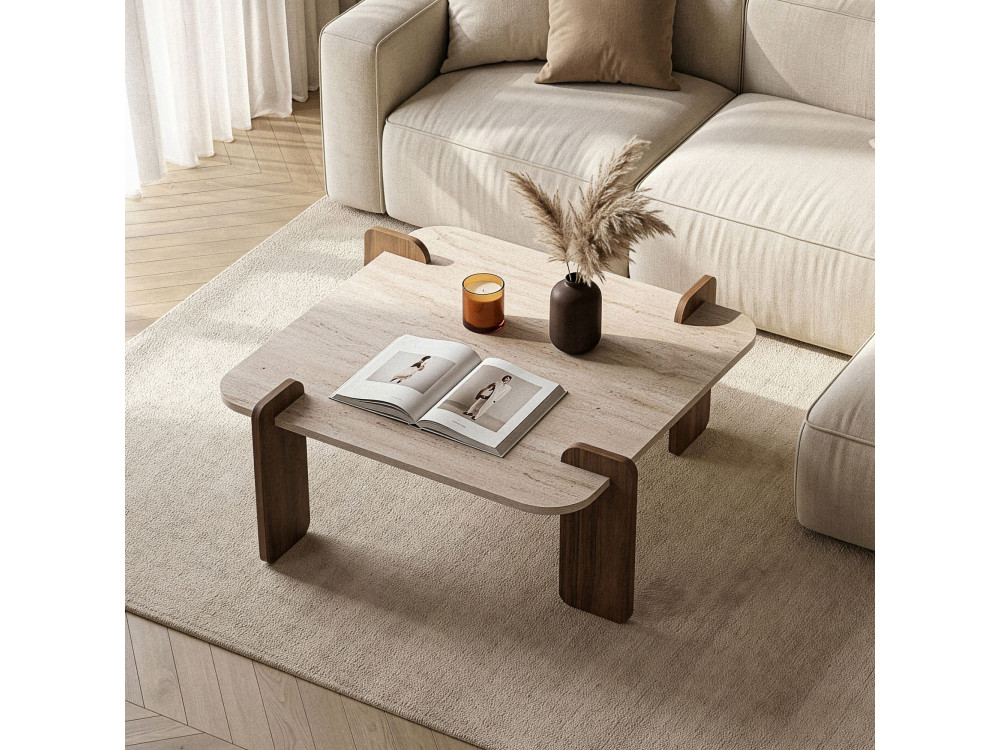 "Marais" Wooden Coffee Table - 117 x 35 x 117 cm - Travertine / Venezia Walnut
