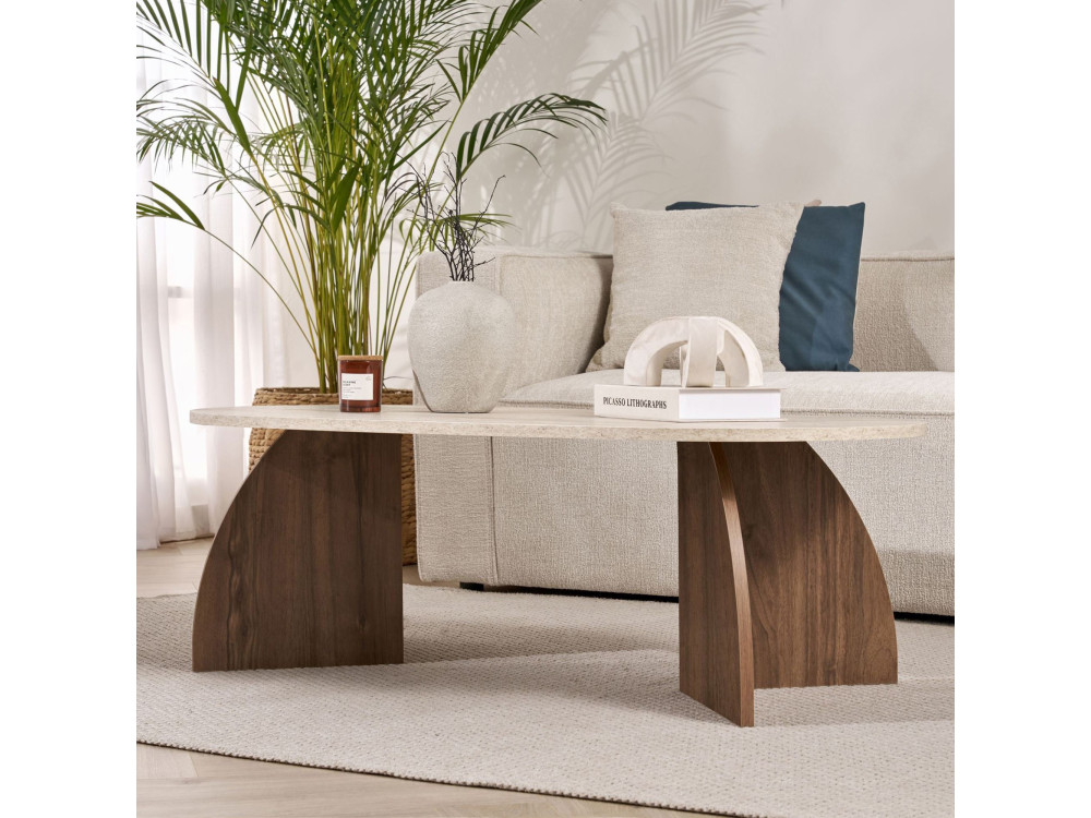 "Melina" Wooden Coffee Table - 120 x 40 x 60 cm - Travertine / Venezia Walnut