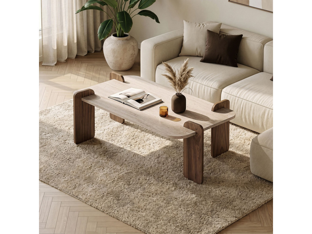 "Renard" Wooden Coffee Table - 147 x 35 x 87 cm - Travertine / Venezia Walnut