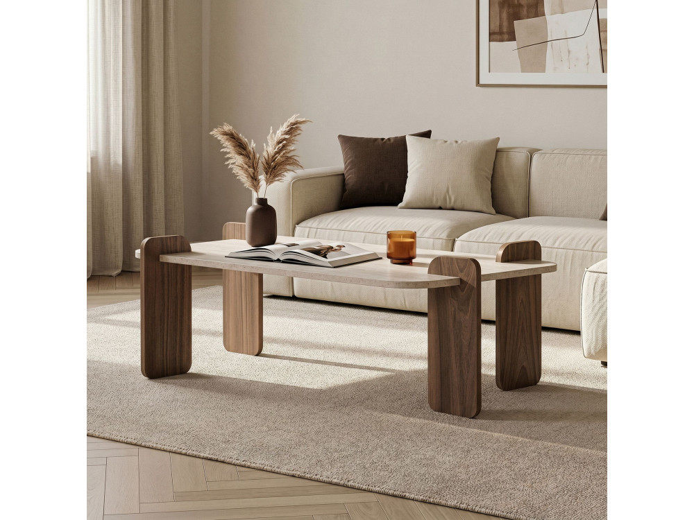 "Renard" Wooden Coffee Table - 147 x 35 x 87 cm - Travertine / Venezia Walnut