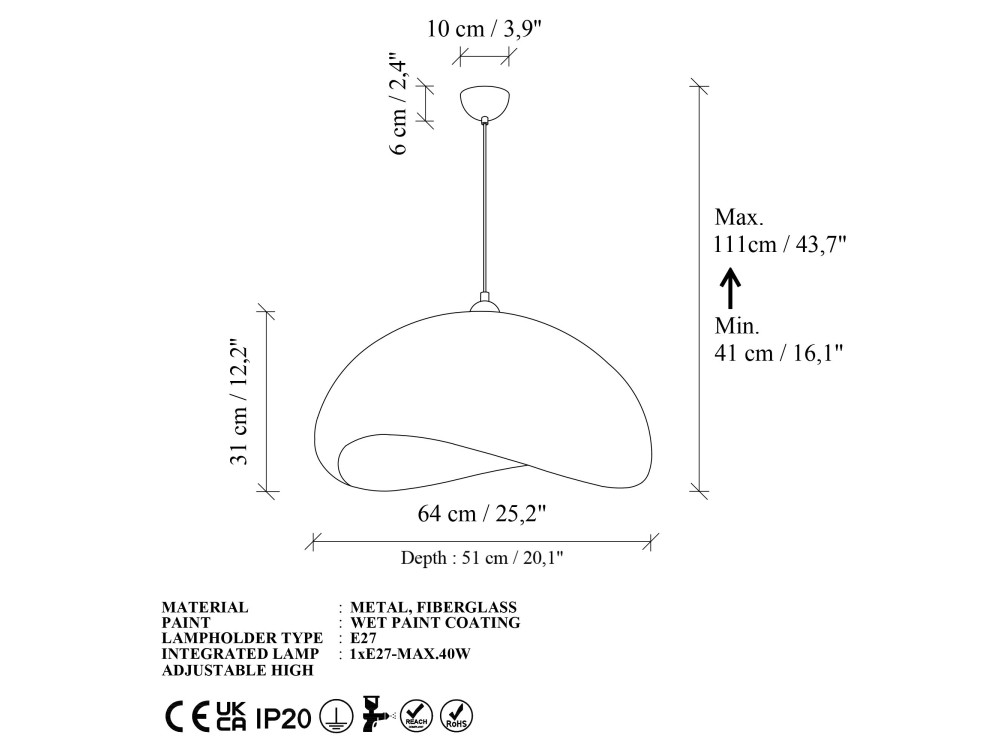 "Vegas" Metal Pendant Light - 64 x 51 cm - White