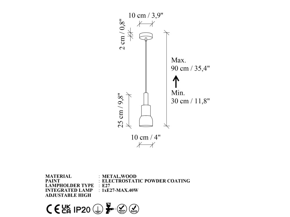 "Elwood" Metal Pendant Light - 10 x 25 cm - Yellow