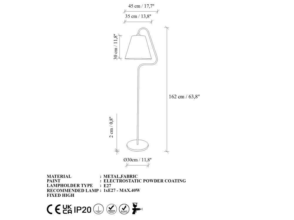 "Altur" Metal Floor Lamp - 45 x 35 x 162 cm - White