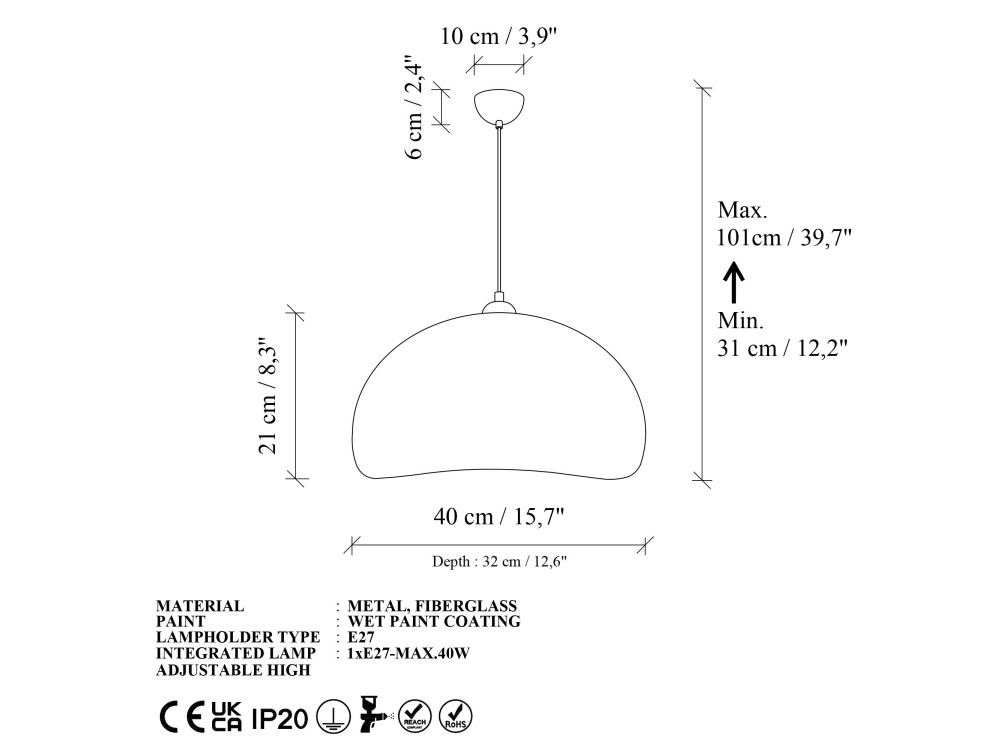 "Beta" Metal Pendant Light - 40 x 32 cm - White