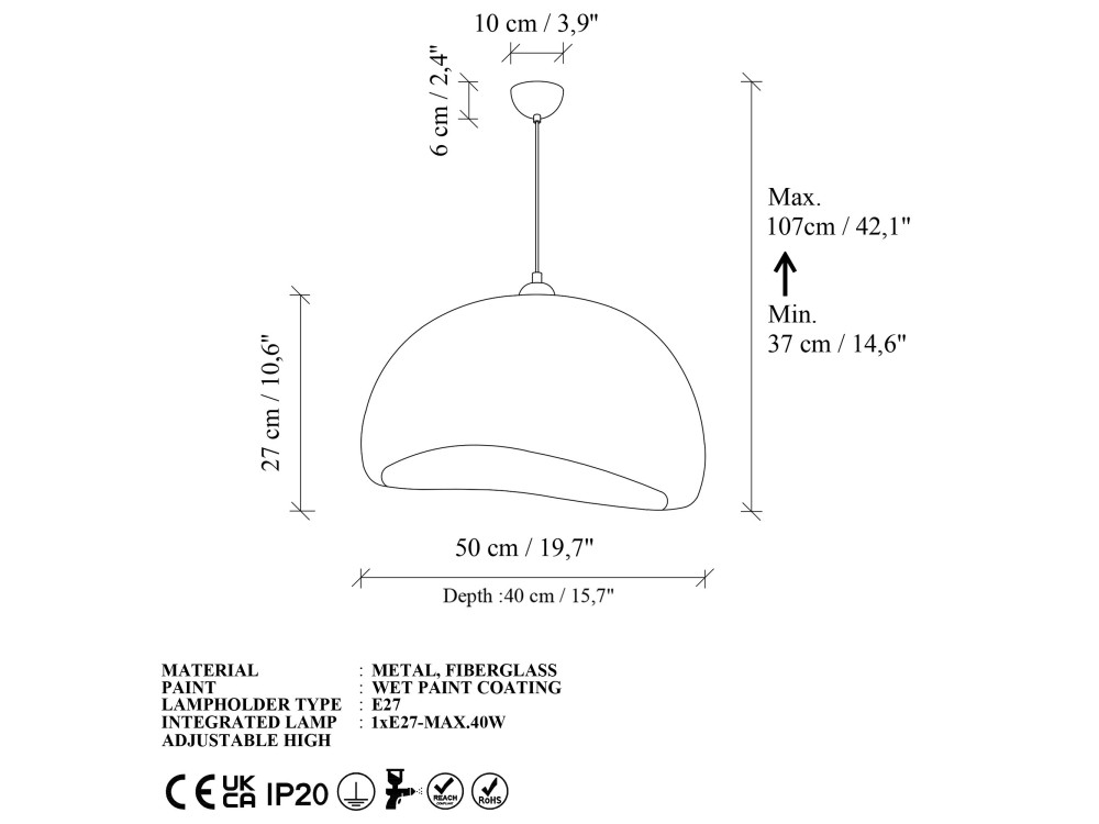 "Beta" Metal Pendant Light - 50 x 40 cm - Beige