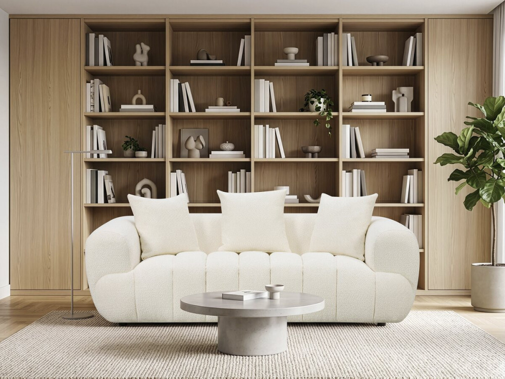 Straight "Bubble" Style Sofa in "La Fayette" Textured Fabric - 3-Seater - Cream