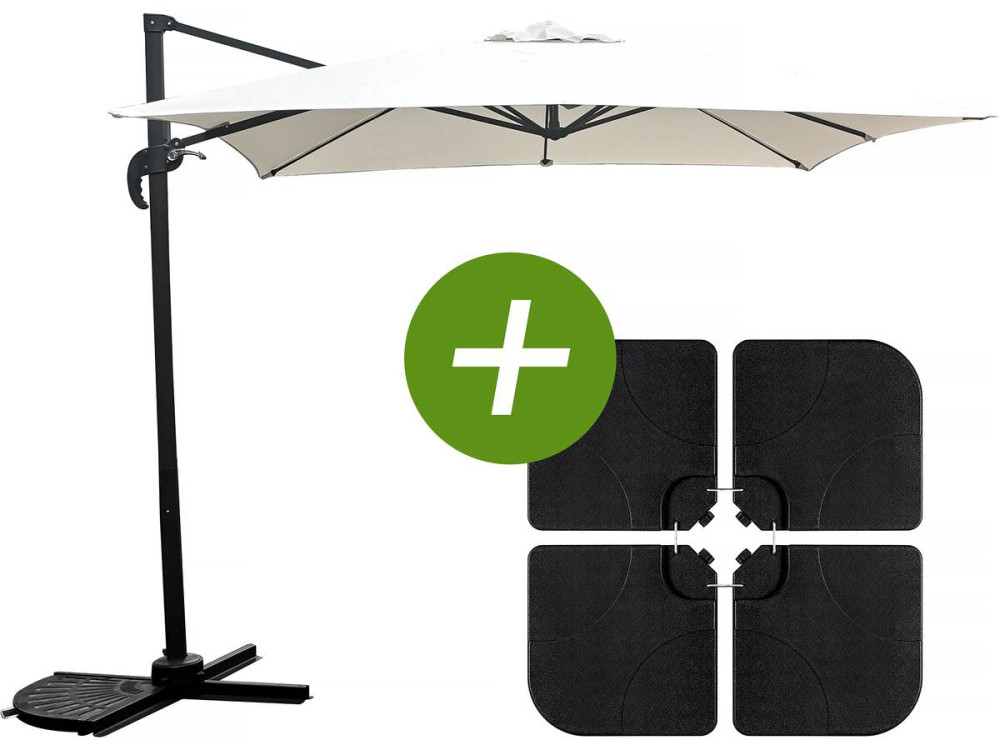 Hanging garden parasol with portable base "Soleil" - Square shape -  2.5 x 2.5 m - Ecru colour + Base stand