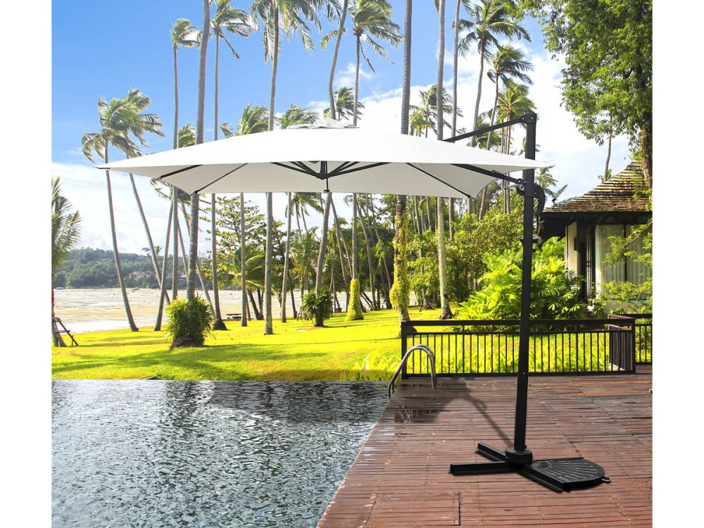 Hanging garden parasol with portable base "Soleil" - Square shape -  2.5 x 2.5 m - Ecru colour + Base stand