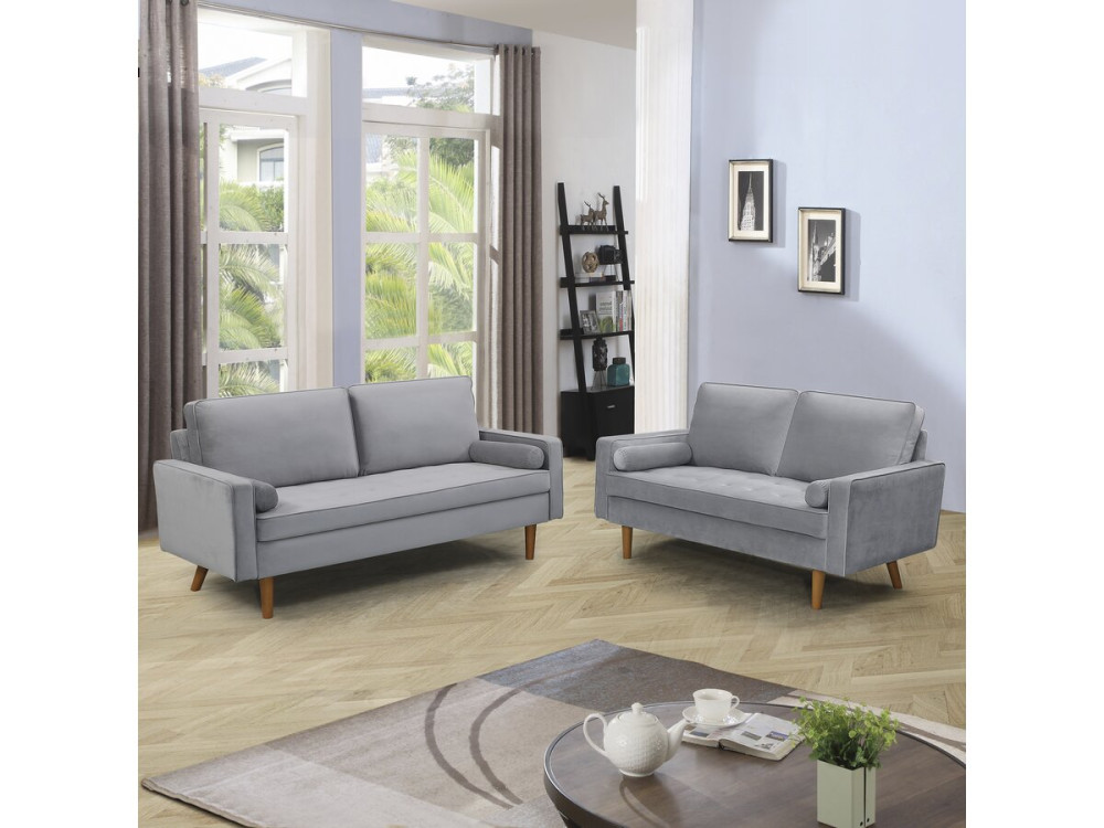 Yannick fixed velvet sofa - 82 x 147 x 86 cm - 2 seats - Light gray.