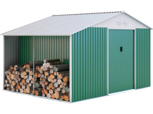 10.85m² "Rosas" metal garden shed with log shelter
