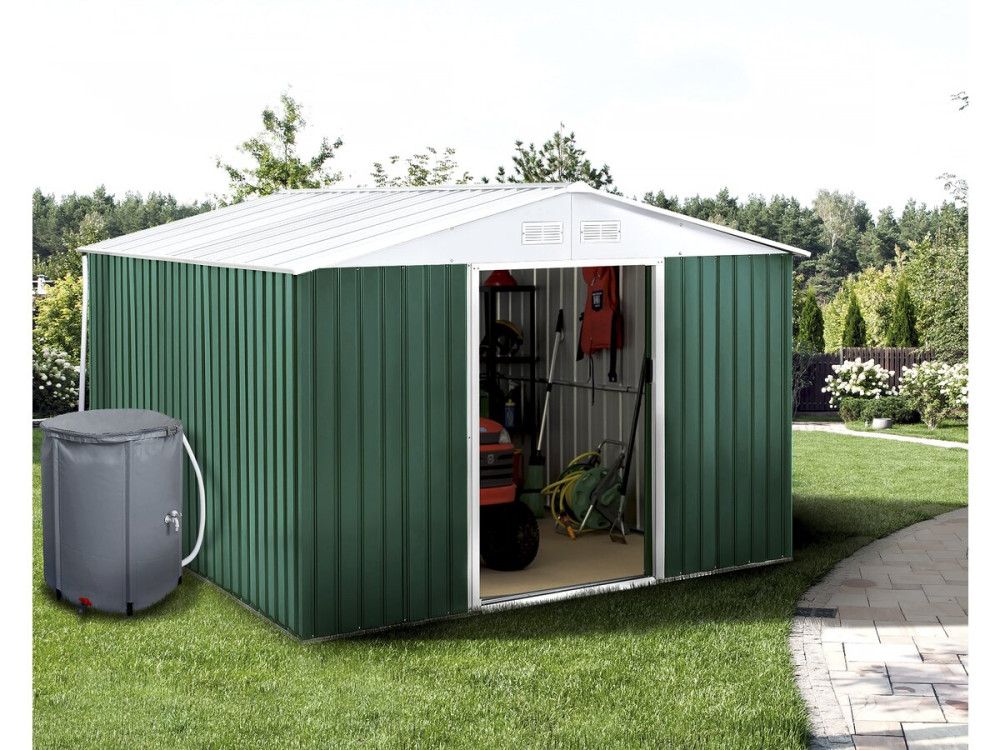 Metal garden shed - "Rosas" - 10.85 m² with water collector and gutter