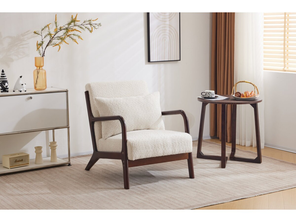 Scandinavian style wooden bouclette armchair "Clinton" - White