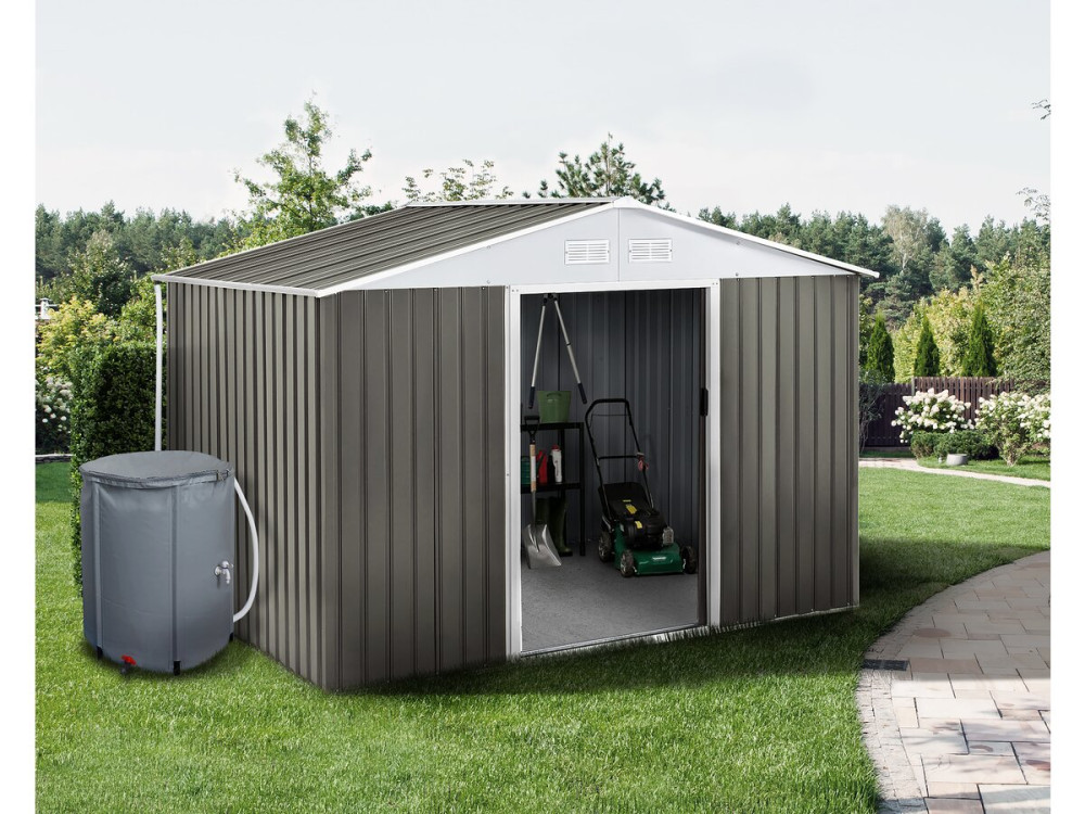Dallas metal garden shed - 8.84m² with gutter and water collector