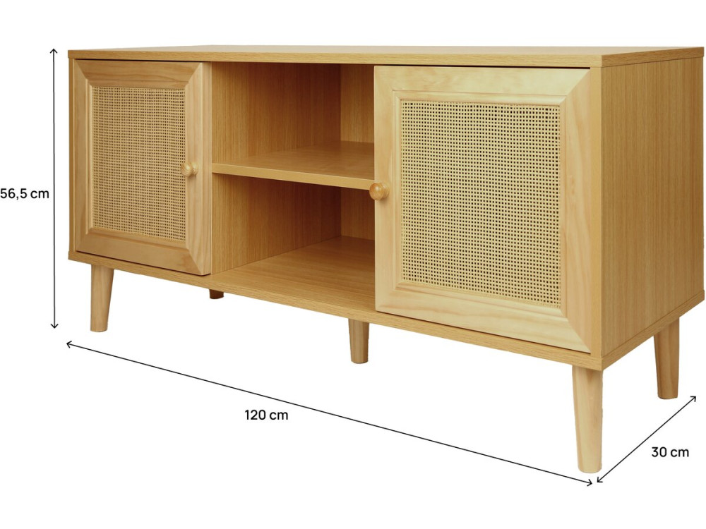 Scandinavian TV cabinet in wickerwork "Iguana" - 120 x 30 x 56.5 cm - Brown