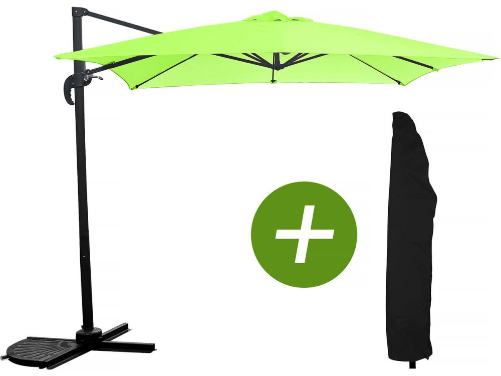 Hanging garden parasol with portable base "Soleil" - Square shape -  2.5 x 2.5 m - Green + Protection cover