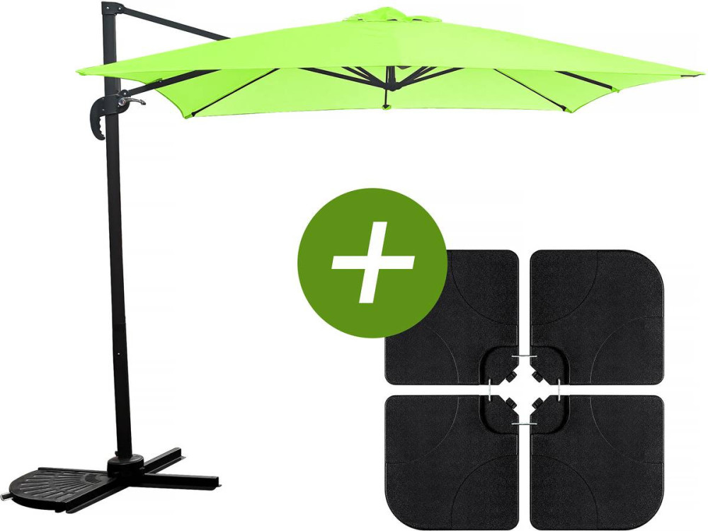 Hanging garden parasol with portable base "Soleil" - Square shape -  2.5 x 2.5 m - Green + Base stand