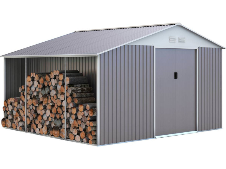 "Dallas" metal garden 12.99m² shed with log shelter