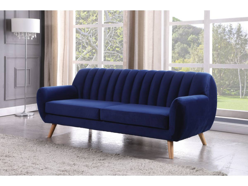 Fixed Scandinavian velvet sofa "Jarvis" - 3 seats - Dark blue.