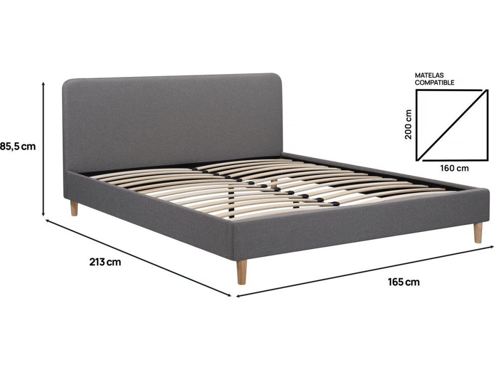 Louise fabric double bed 160 x 200 cm - Grey